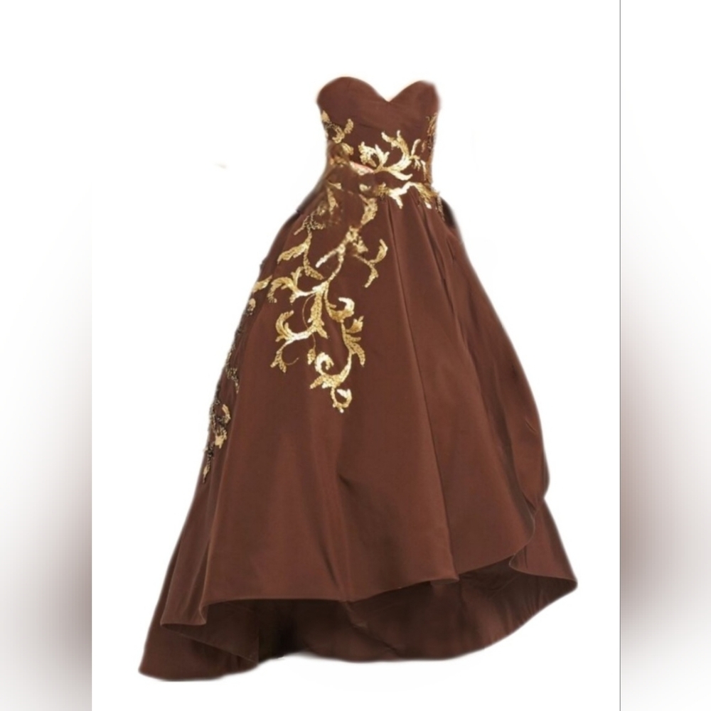 $16,000 OSCAR DE LA RENTA GOLD BEAD EMBROID BROWN SILK RUNWAY GOWN 4 - Picture 4 of 12